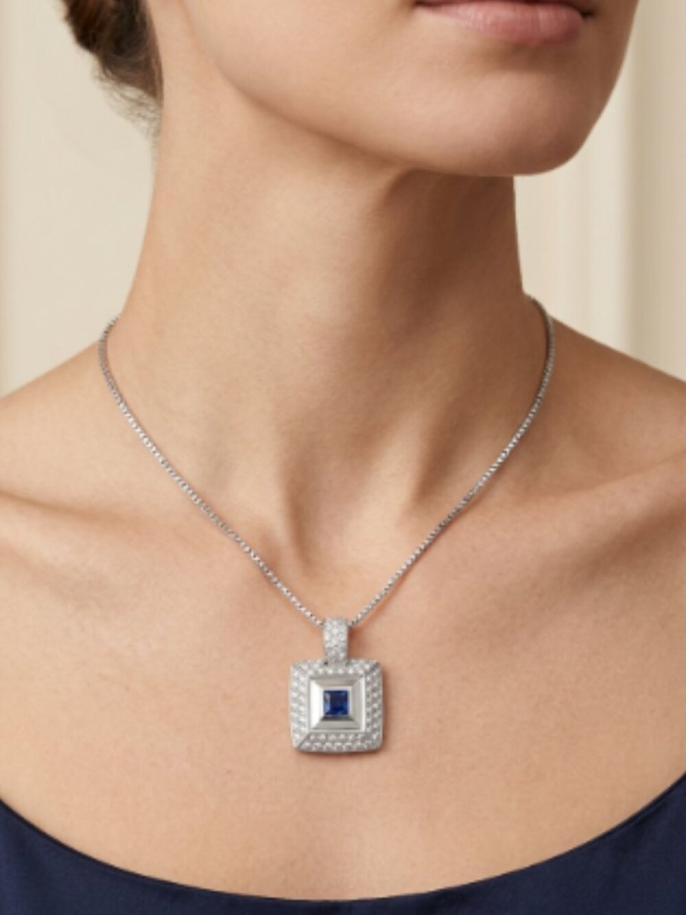 14K Sapphire  Diamond White Gold Pendant Stunning Necklace